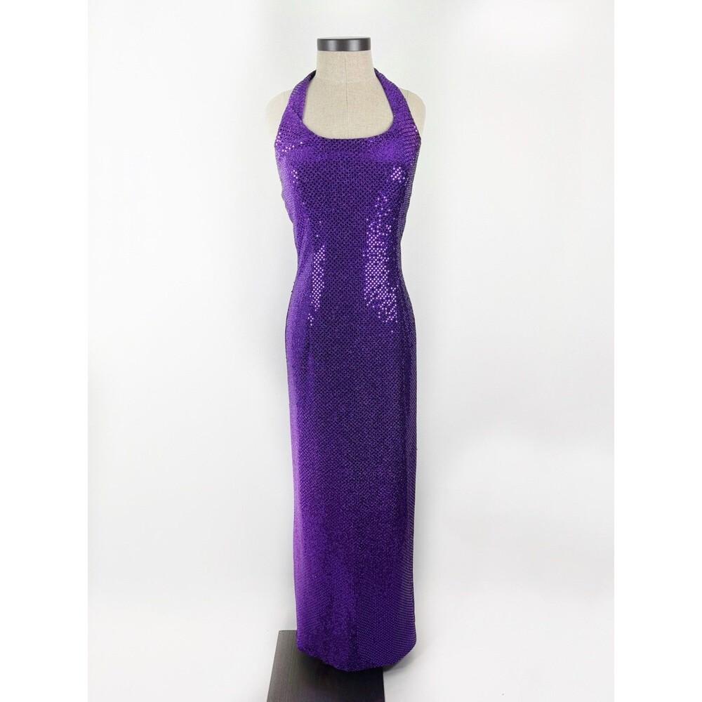 GUNNE SAX Jessica McClintock Purple Sparkle Halter Maxi Slit Dress Gown Size 7/8